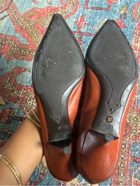 Prada Spazzolato Triangle Logo Monolith Pointy 55mm Loafers  Prada Cognac Leather Pointed-Toe Loafers